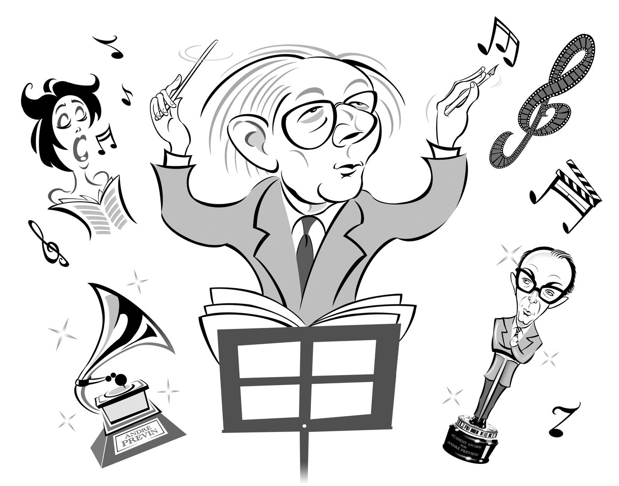 Andre Previn, német származású amerikai zongoraművész, zeneszerző és karmester (szül. 1929); karikírozott karmester és filmzeneíró; Eric Morecambe-bal Oscar-díjra való hivatkozással Previns appeara alkotó: Neale Osborne