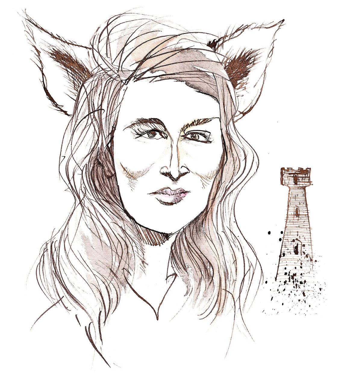 Angela Carter angol regényíró és újságíró; farkasfülekkel karikatúrázva, a The Bloody Chamber (1979) című könyvben szereplő Farkasok társasága című történetére hivatkozva alkotó: Neale Osborne