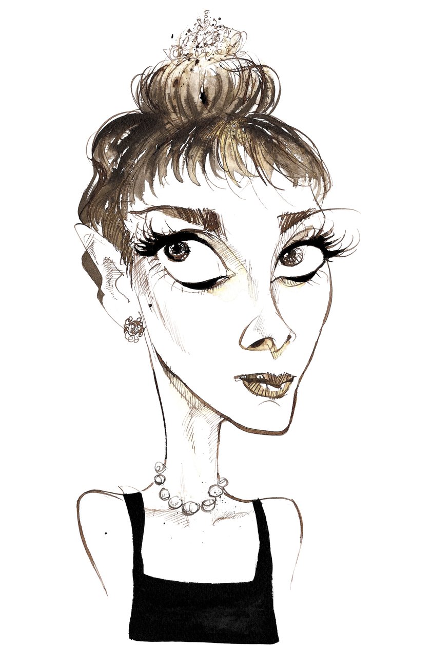 Audrey Hepburn (1929-1993) belga származású színésznő, színes karikatúra Holly Golightly szerepében az 1961-es Reggeli Tiffanysnál című filmből (rendező: Blake Edwards). alkotó: Neale Osborne