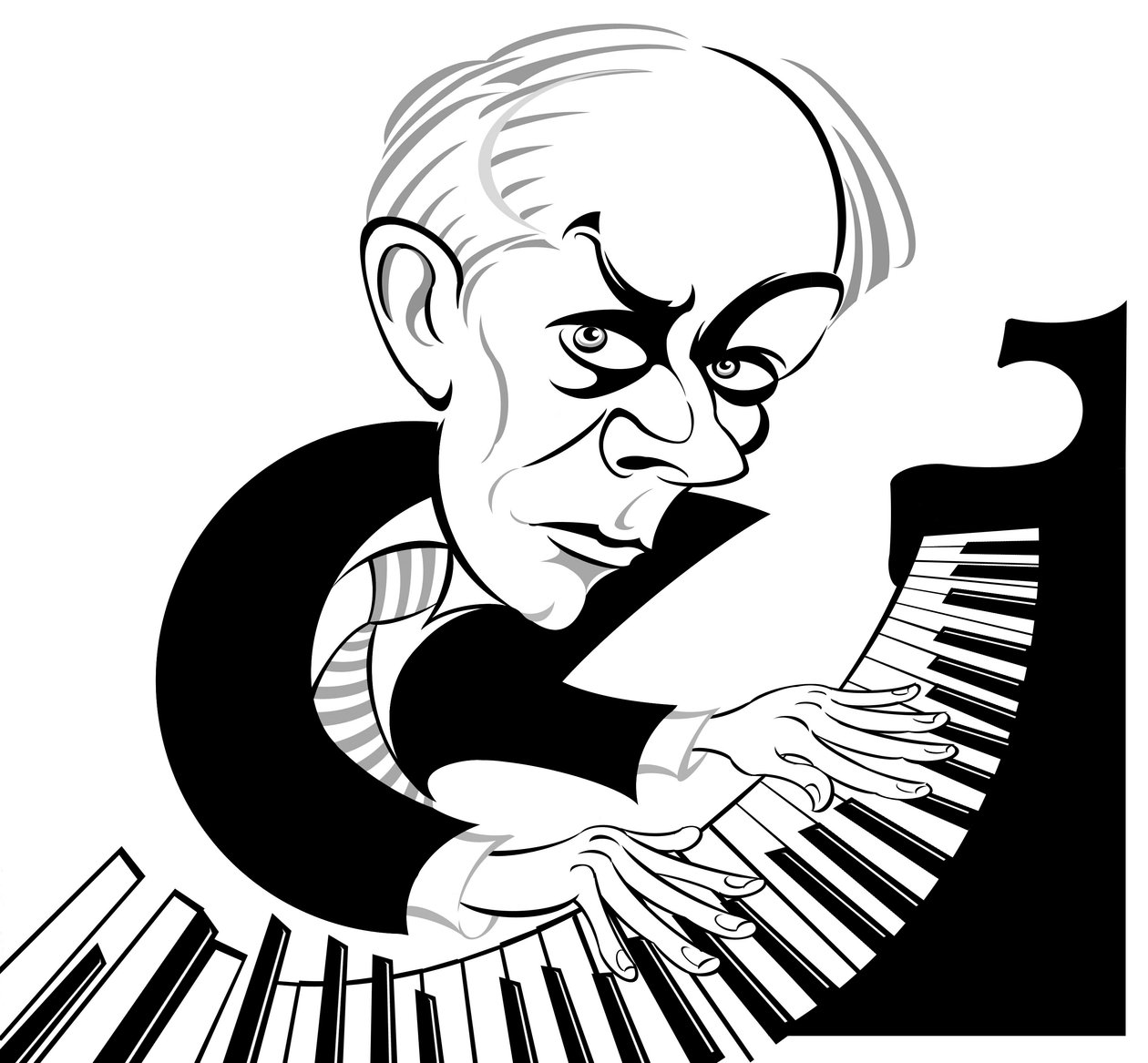 Bartók Béla magyar zeneszerző, zongoraművész (1881 - 1945); fekete-fehér karikatúra a zongoránál alkotó: Neale Osborne