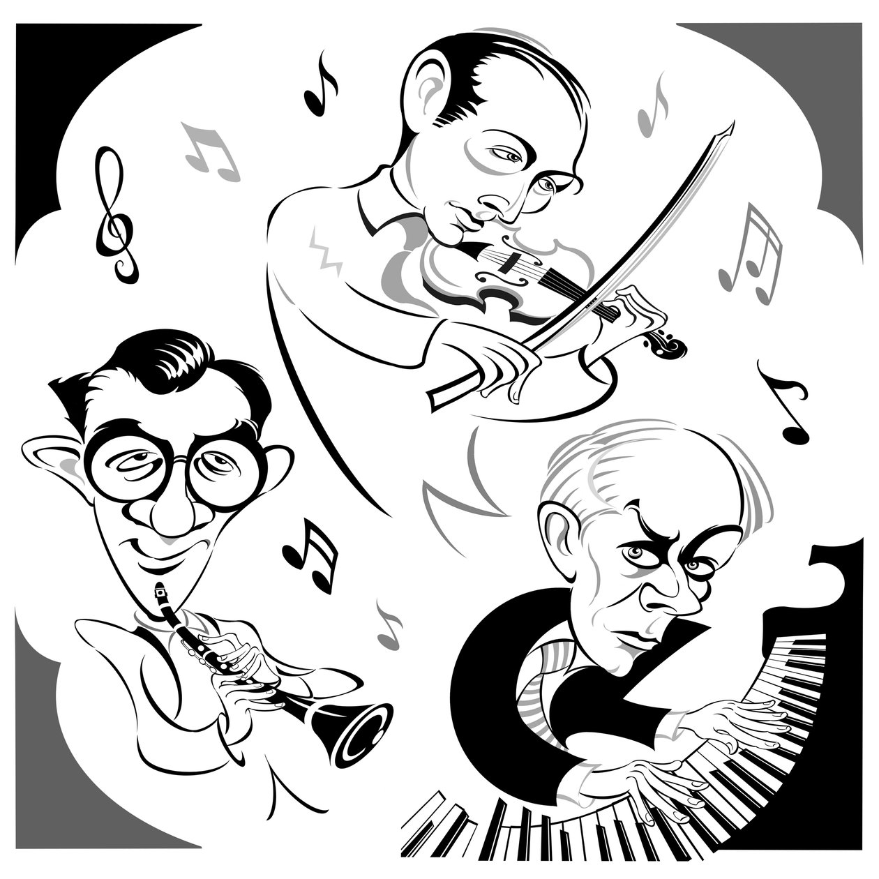 Bartók Béla zongorázik, Benny Goodman (1909-86) amerikai klarinétművész és Szigeti József (1892-1973) magyar hegedűművész, az a trió, aki 1940-ben készítette a Contrasts - kamarapite premier felvételét. alkotó: Neale Osborne
