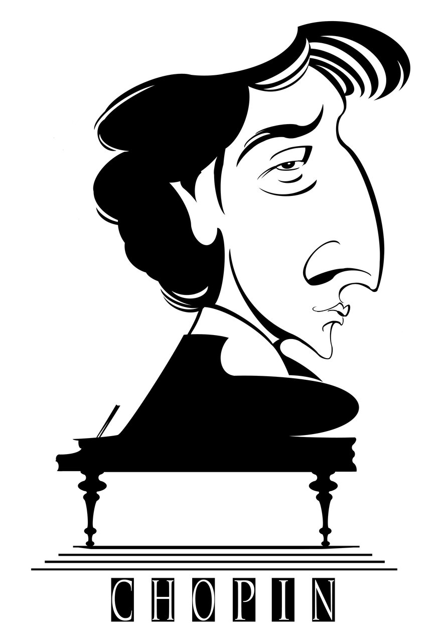 Frederic Chopin, francia - lengyel származású zeneszerző és zongoraművész (1810-49), bw grafikus karikatúra zongorával alkotó: Neale Osborne