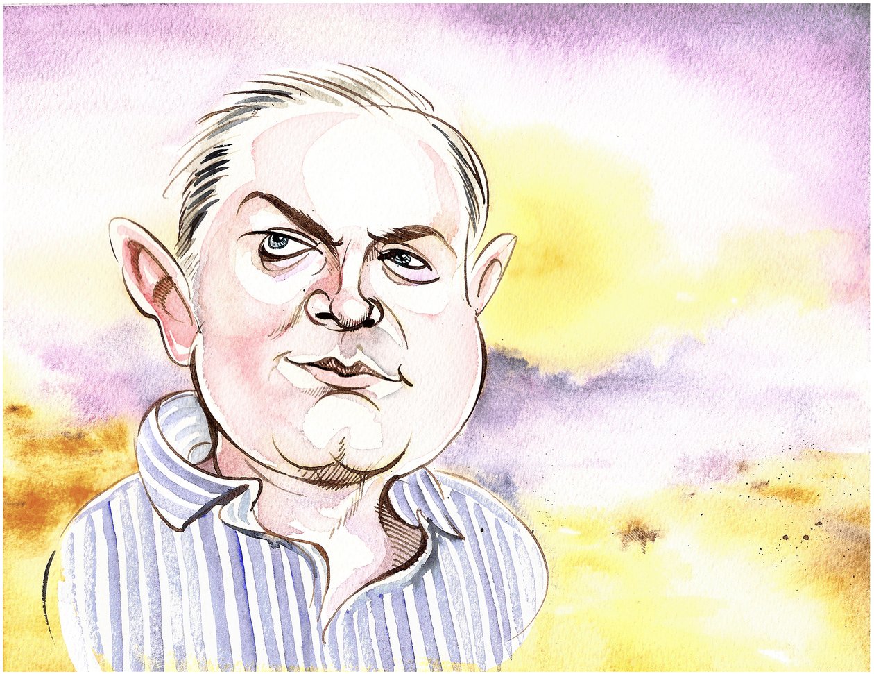 George Benjamin - karikatúra háttér tájjal, utalás az At First Light, Benjamins 1982-es zenekari művére alkotó: Neale Osborne