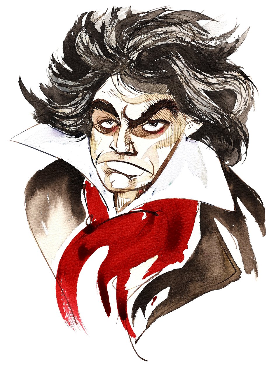 Ludwig van Beethoven német zeneszerző (1770-1827); karikatúra alkotó: Neale Osborne