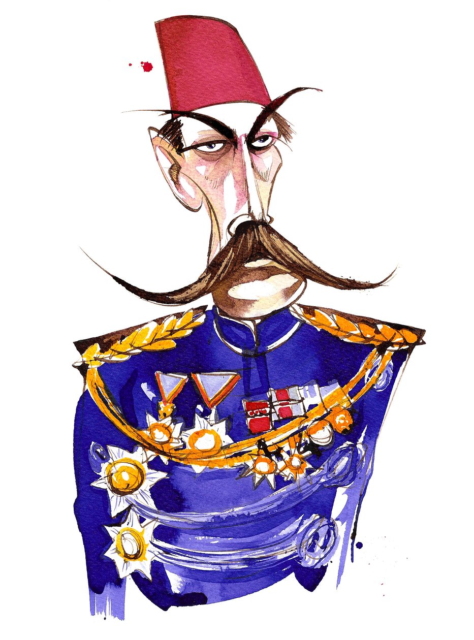 Ír származású, brit tábornagy, First Earl Kitchener, színes karikatúra egyenruhában és fez alkotó: Neale Osborne