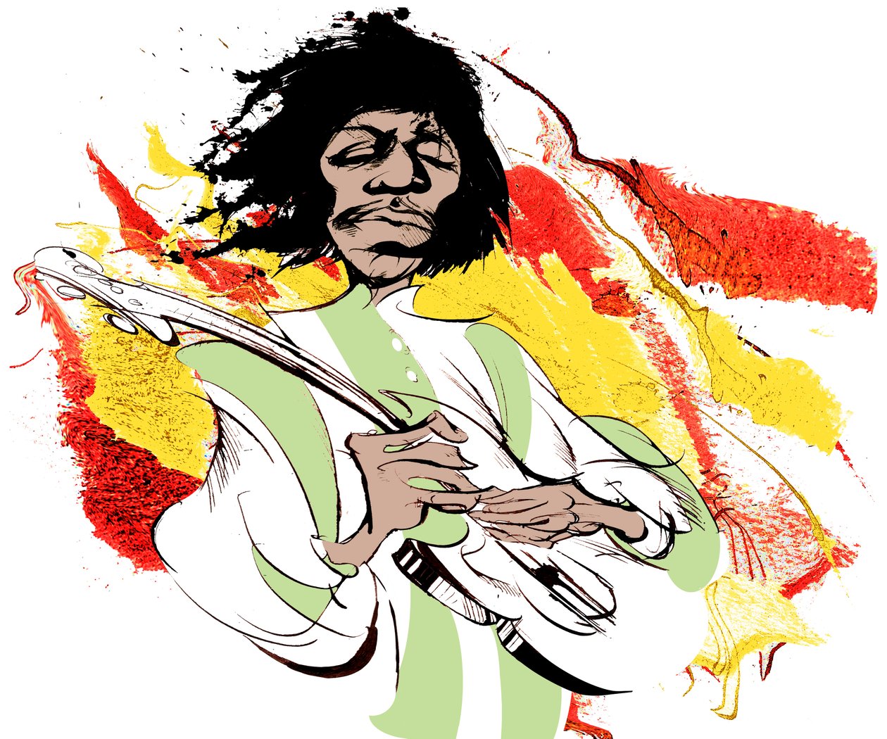 Jimi Hendrix amerikai gitáros (1942-70), színes karikatúra alkotó: Neale Osborne