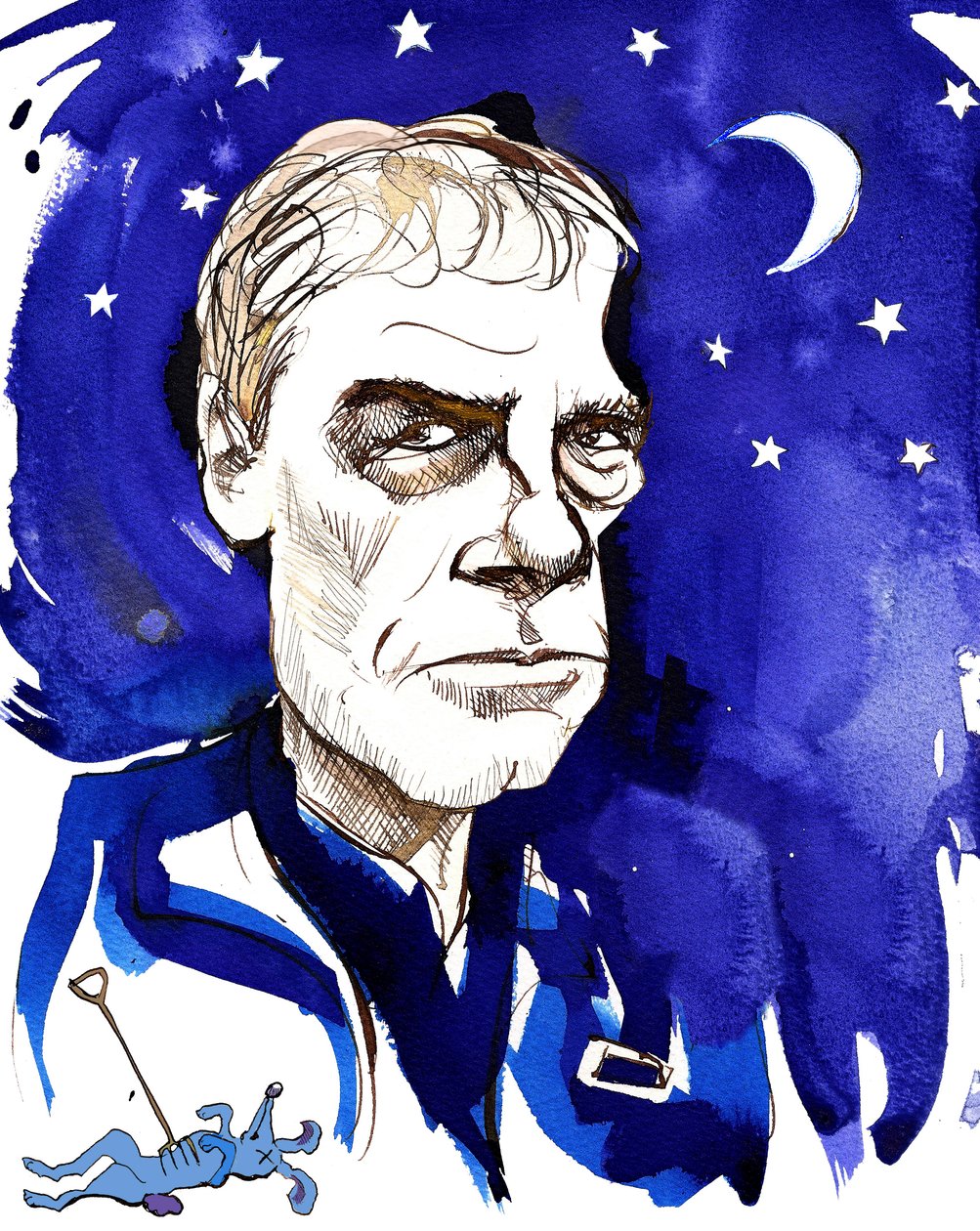 Mark Haddon angol regényíró; A 2003-as, A kutya különös esete az éjszakai időben című regényére hivatkozva karikatúrázták alkotó: Neale Osborne