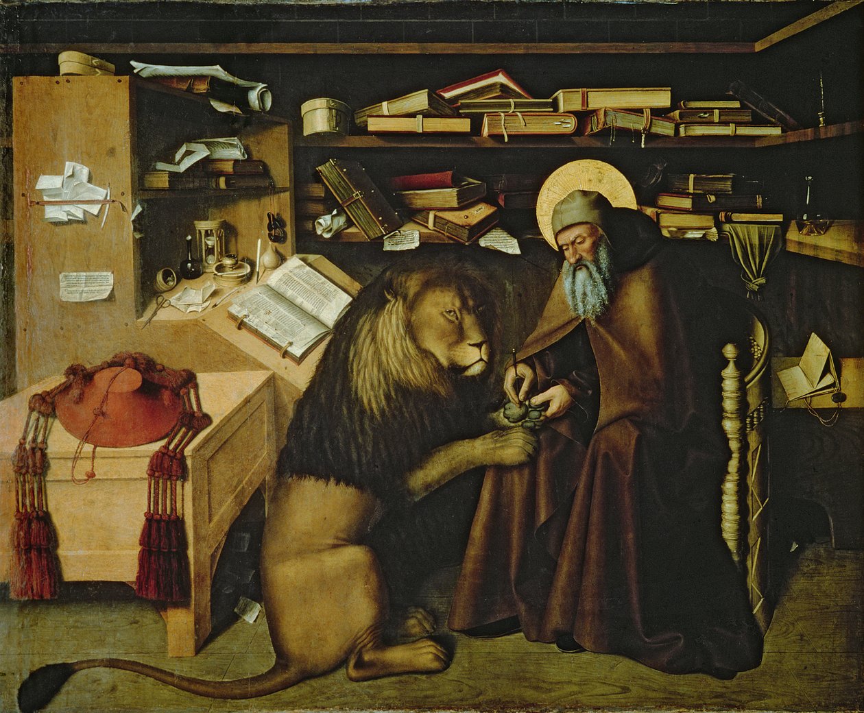 Szent Jeromos tövis eltávolítása az oroszlán mancsáról, 1445 körül (a részletekért lásd: 178986) alkotó: Niccolo Antonio Colantonio