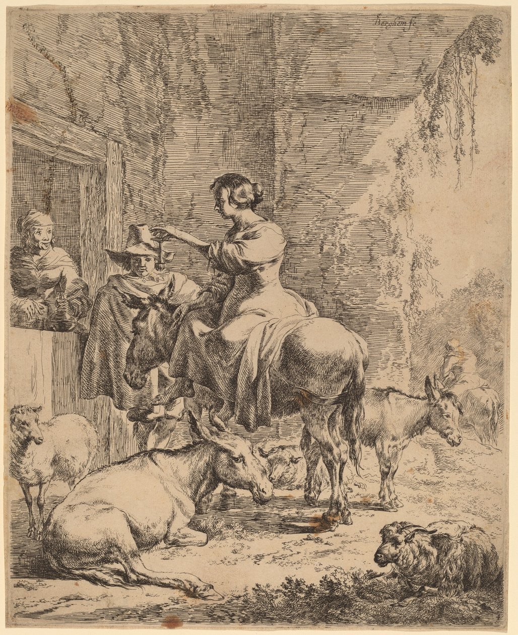 A többi a fogadó előtt. alkotó: Nicolaes Berchem
