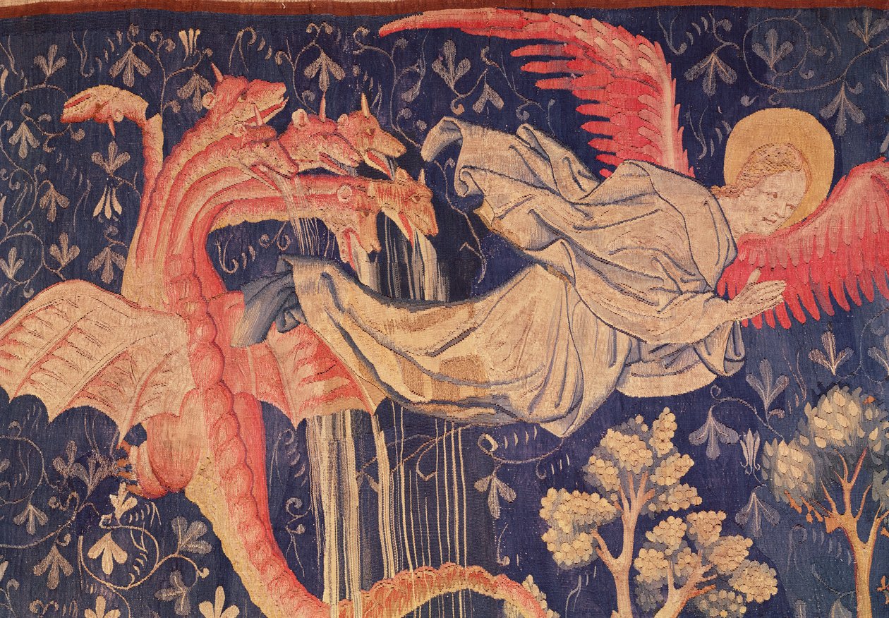 A nőt üldöző sárkány, a vizet köpködő sárkány részlete, Angers Apokalipszis-szőtteséből, 1373-87 gobelin alkotó: Nicolas Bataille