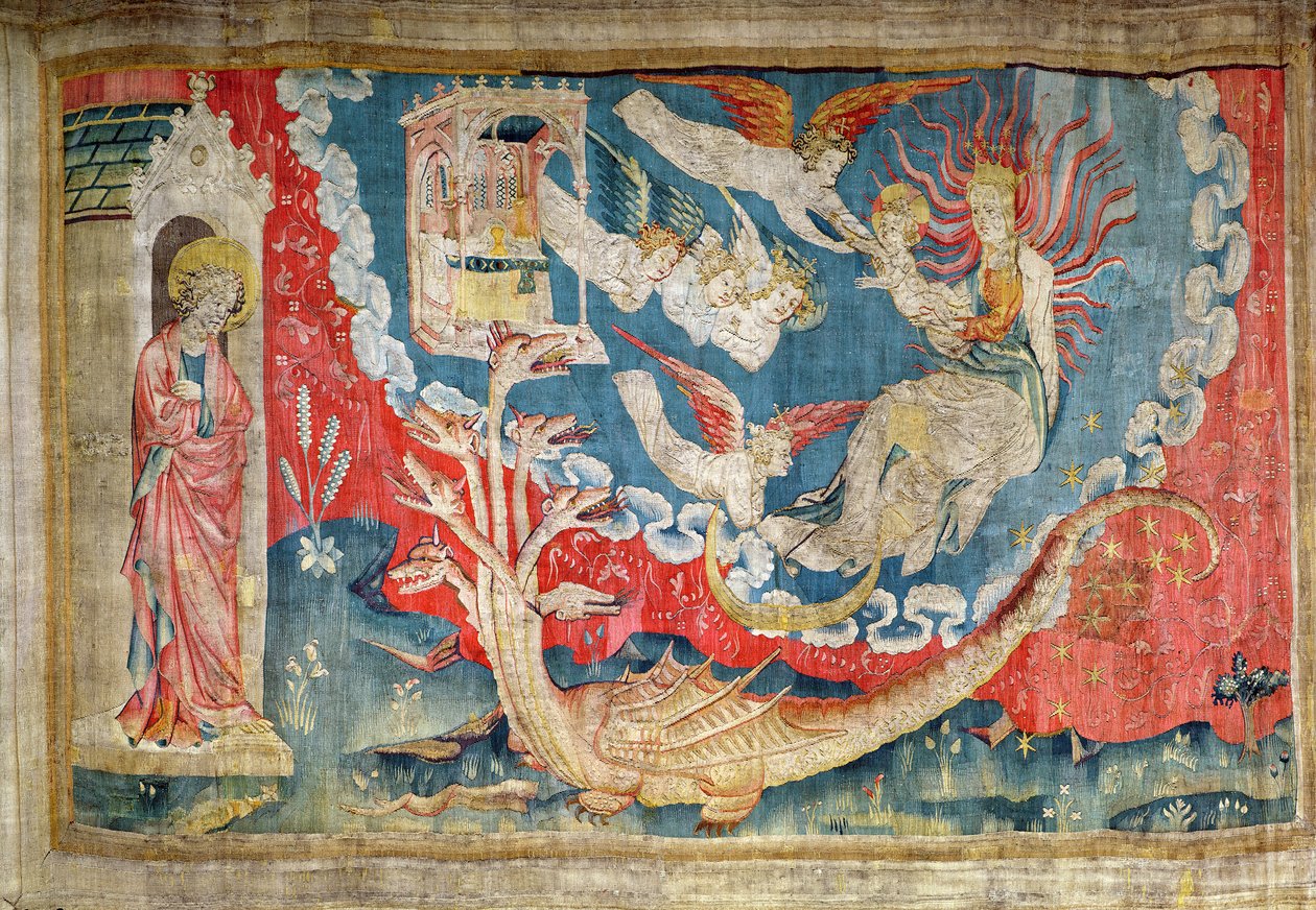 A születés előtt álló nő és a nagy sárkány, aki arra vár, hogy felfalja a csecsemőt, 35. sz. Angers Apokalipsziséből, 1373-87 (gobelin) alkotó: Nicolas Bataille