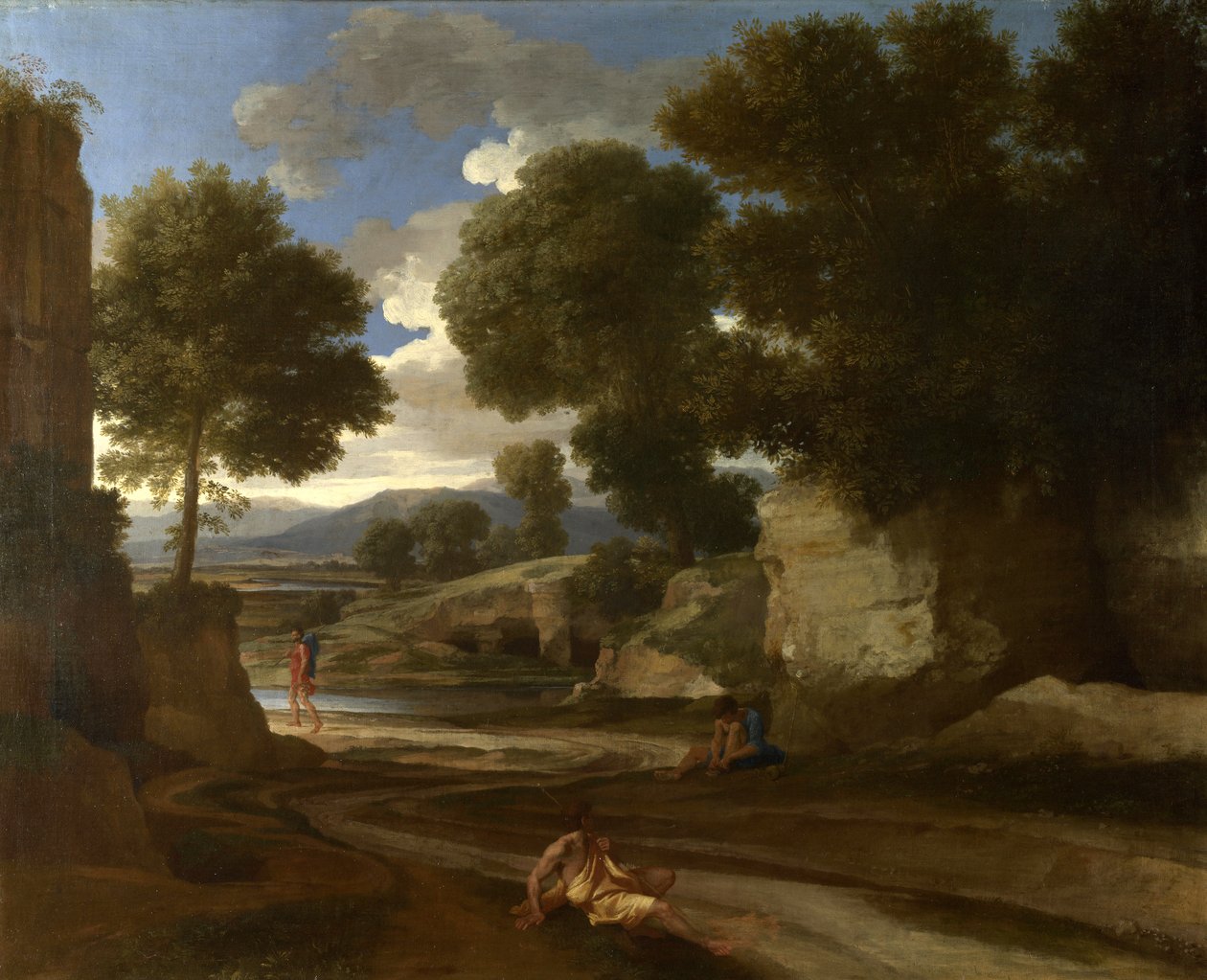 Táj pihenő utazókkal, 1638 körül alkotó: Nicolas Poussin