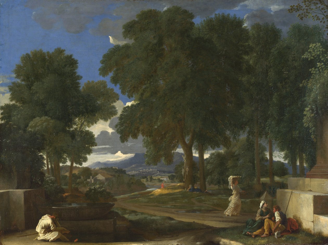 Tájkép egy férfival, aki lábát mossa a szökőkútnál, 1648 alkotó: Nicolas Poussin