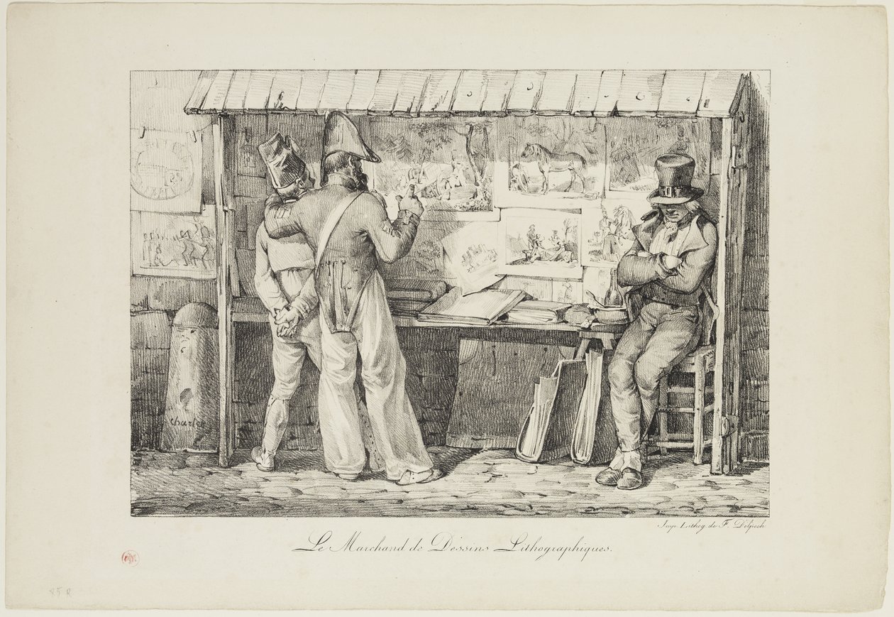 Le marchand de dessins lithographiques, 1818 és 1819 között (fekete tintával, szőtt papírra nyomtatott litho) alkotó: Nicolas Toussaint Charlet