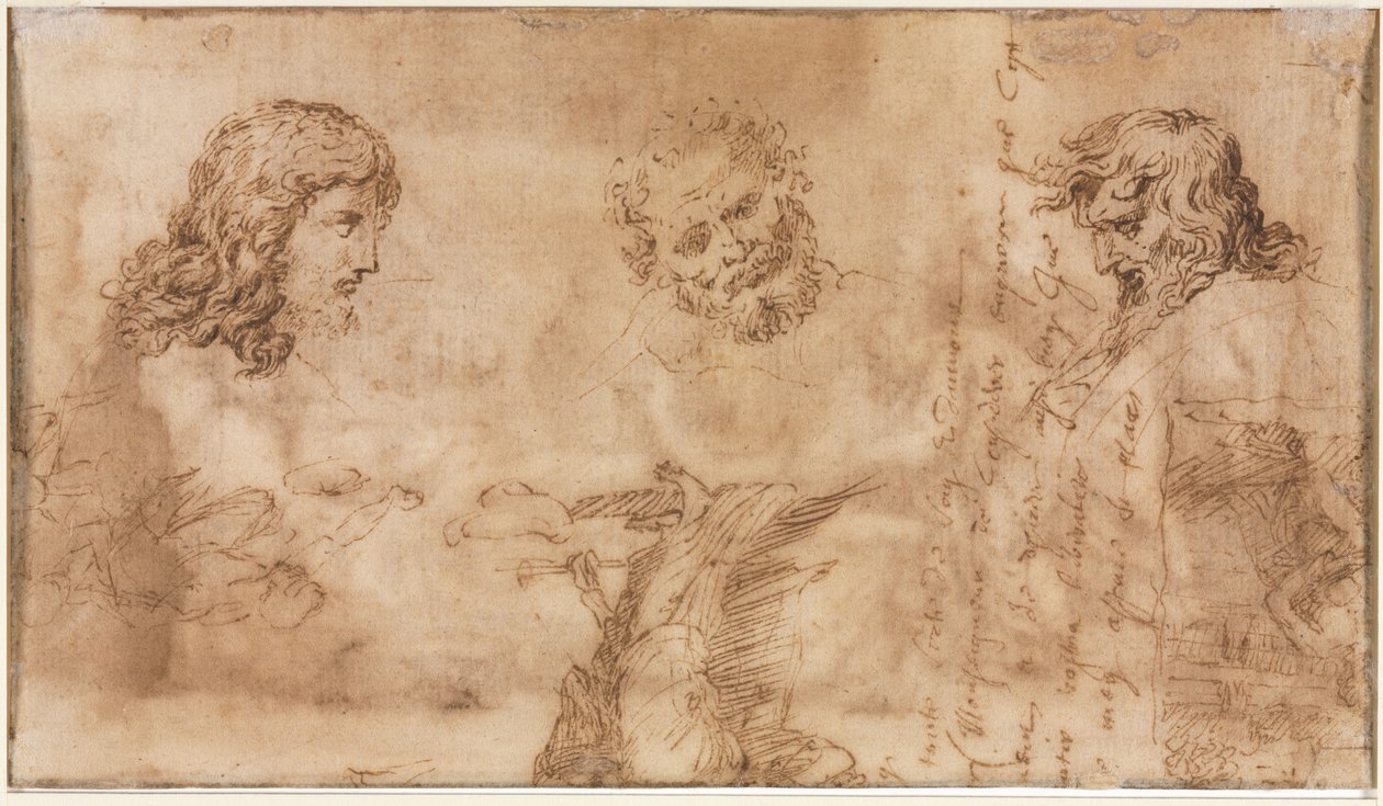 Három fej és egyéb vázlatok verso, 1643-1644. alkotó: Nicolas Poussin