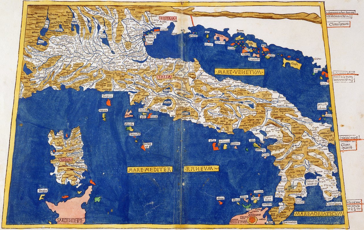 Olaszország ptolemaioszi térképe, 1482 (színes litográfia) alkotó: Nicolaus Germanus