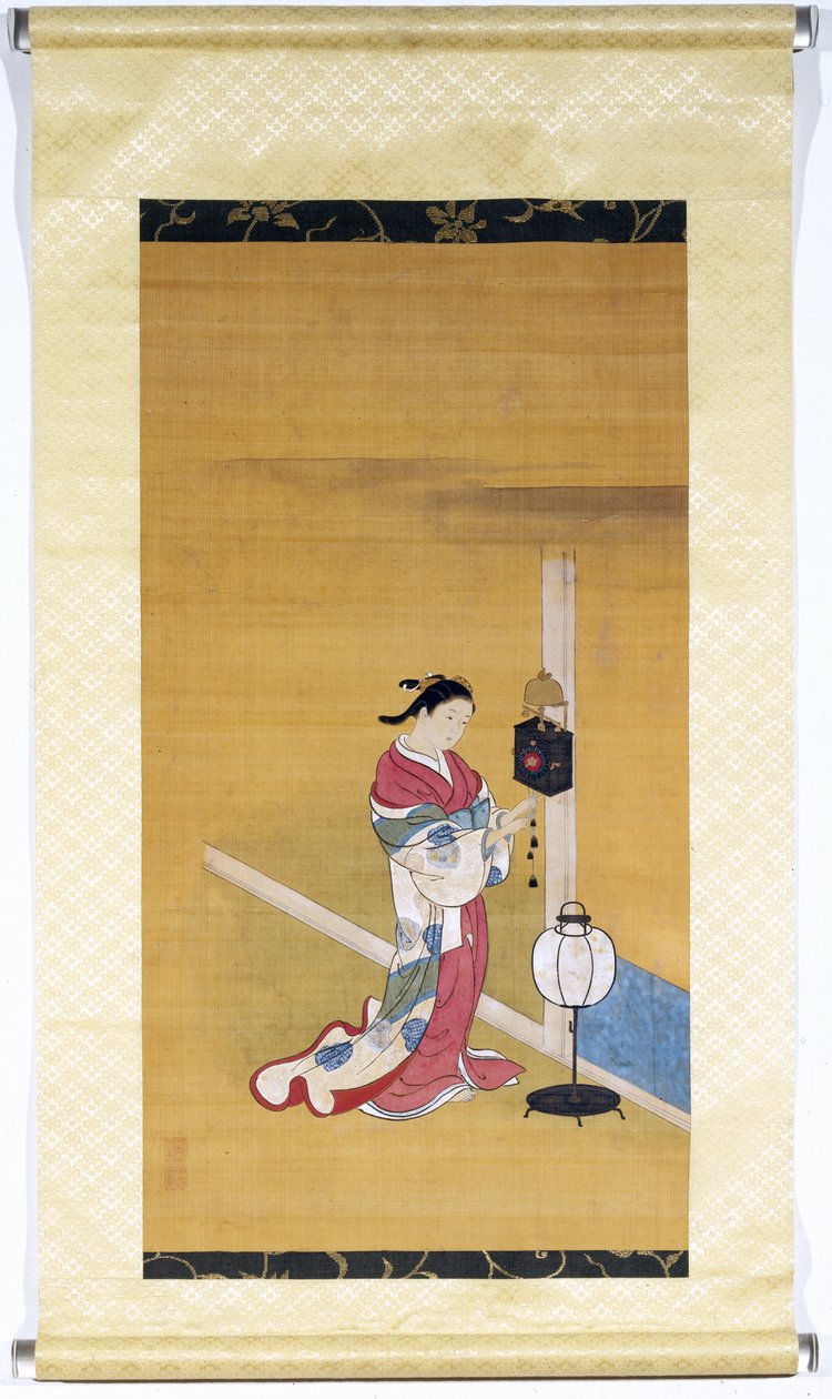 Japán nő felteker egy faliórát, Edo-korszak (1600-1868) 1700-50 (festett selyem) alkotó: Nishikawa Sukenobu