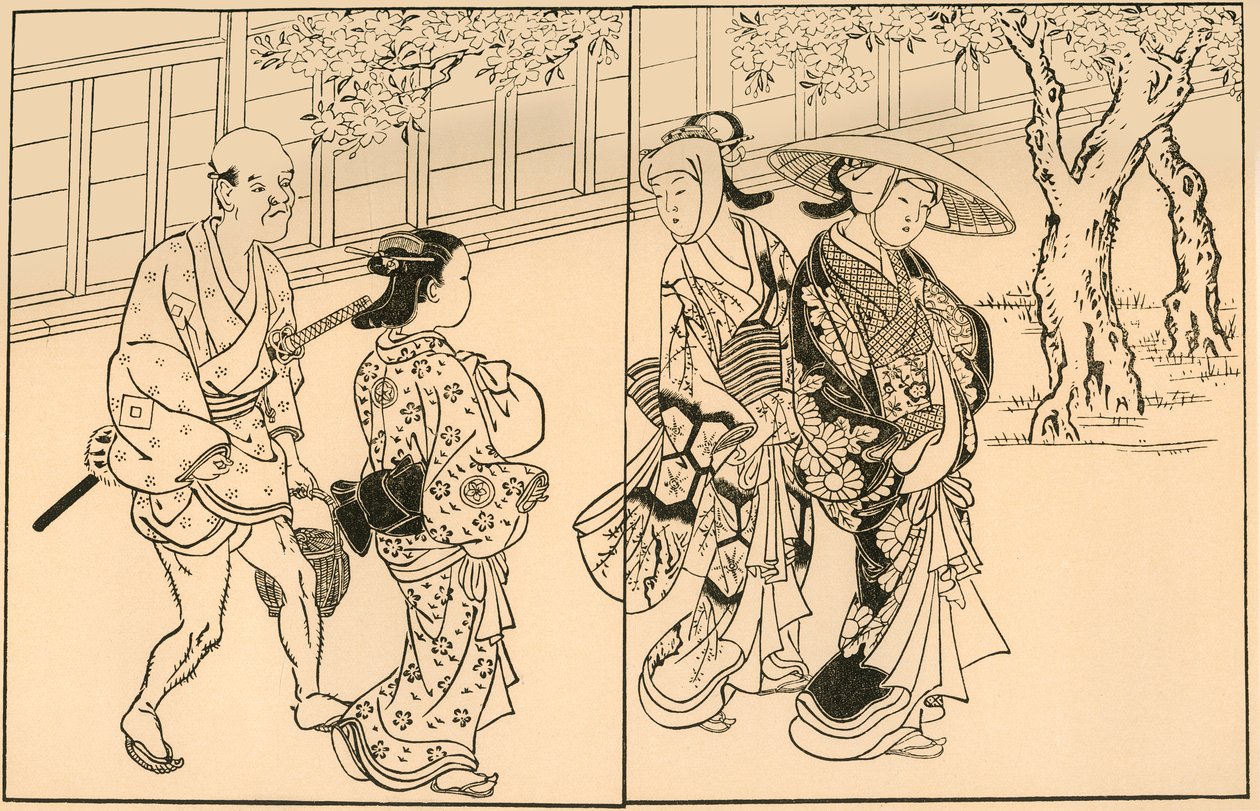 Három nő és férfi szolga, 1730, 1924. alkotó: Nishikawa Sukenobu