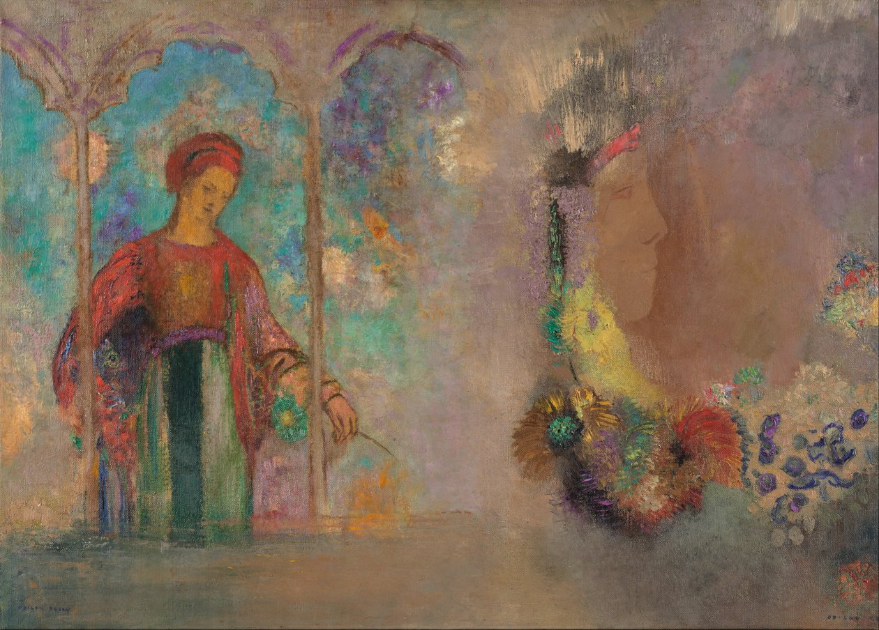 Nő gótikus árkádban- nő virággal alkotó: Odilon Redon