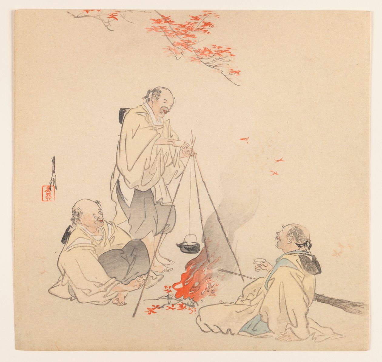 Men by Fire in Autumn, 1890-1910 (fatömb színes nyomat) alkotó: Ogata Gekko
