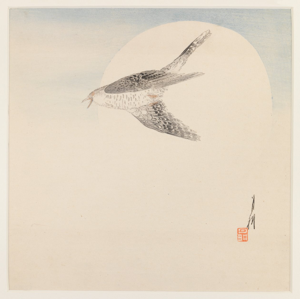 Nightingale Flying by Moon, 1890-1910 körül (fatömb színes nyomat) alkotó: Ogata Gekko