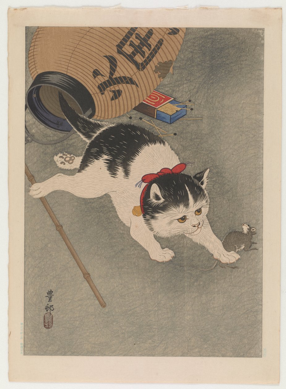Macska és egér, 1930 körül (színes fanyomat) alkotó: Ohara Koson