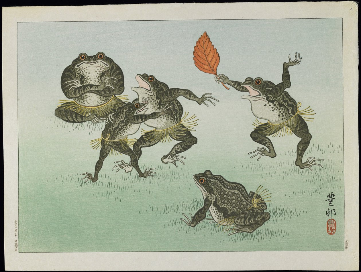 Frogs Wrestling, 1930-as évek (színes fatömb nyomat) alkotó: Ohara Koson