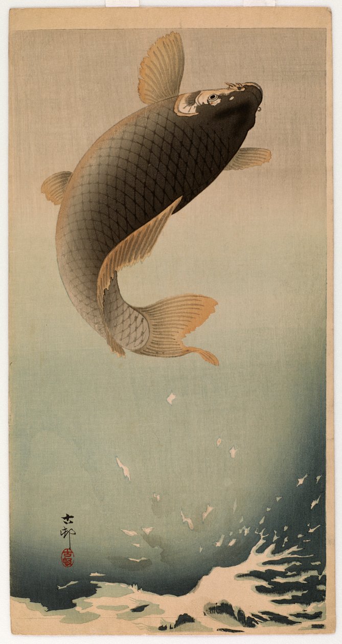 Ugráló ponty (színes fanyomat) alkotó: Ohara Koson