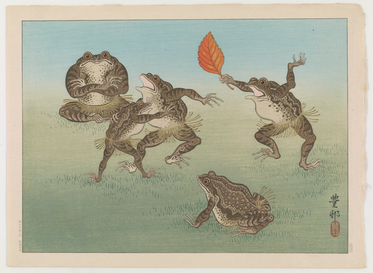 Szumóbirkózó varangyok, 1930 körül (színes fatömbnyomat) alkotó: Ohara Koson