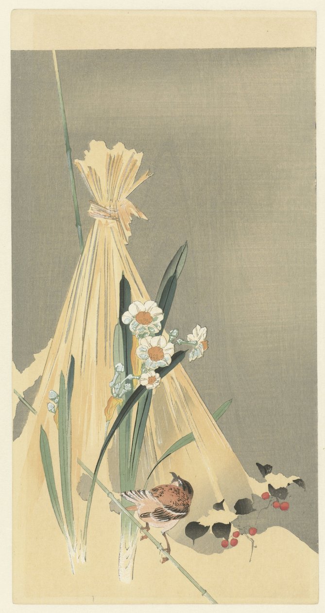 Énekesmadár a szénakötegben alkotó: Ohara Koson (attributed to)