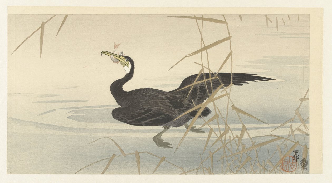 Kormorán hallal alkotó: Ohara Koson