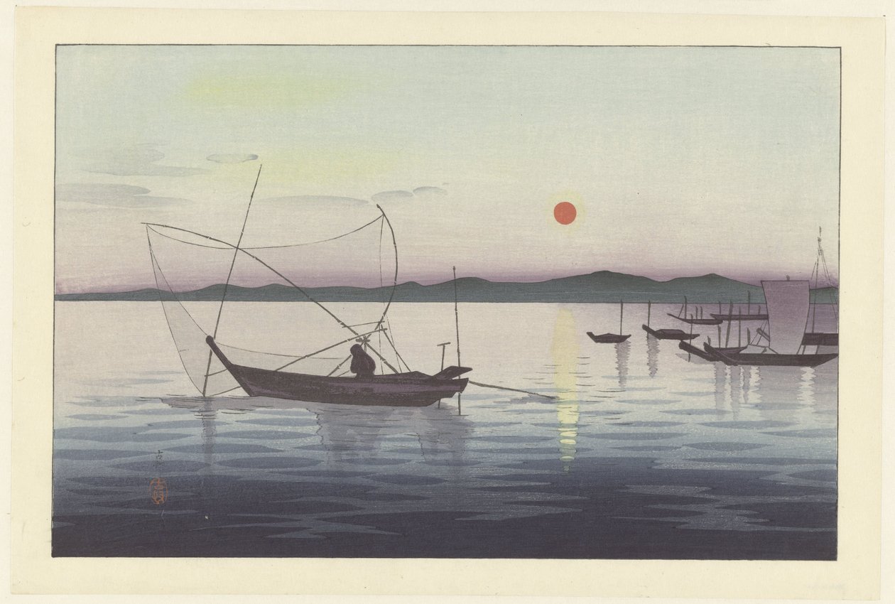 Hajók és a lenyugvó nap. alkotó: Ohara Koson
