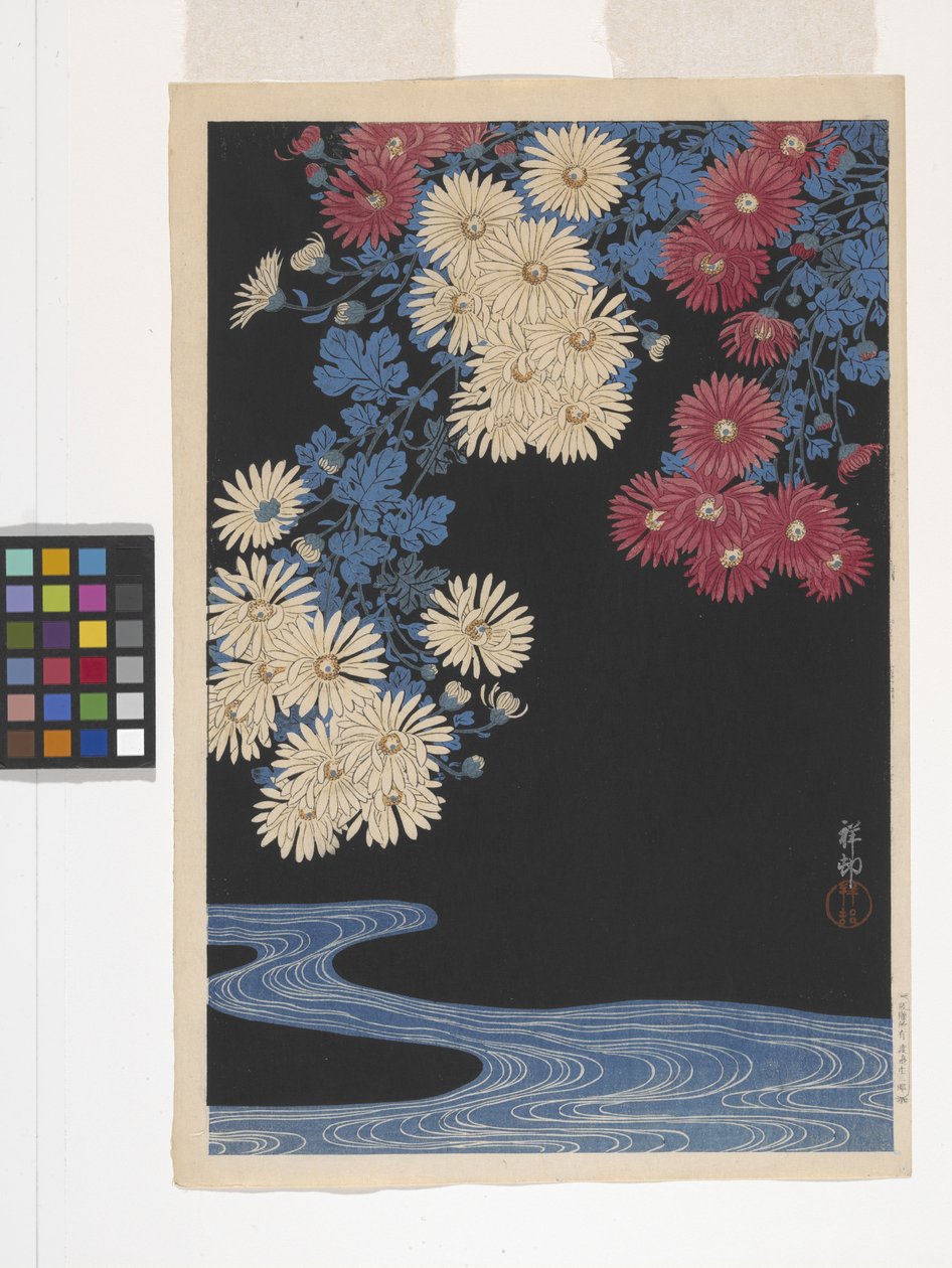 Krizantémok és patak (színes fatömbnyomat) alkotó: Ohara Koson
