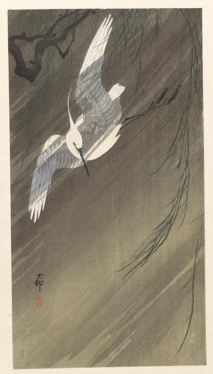 Kócsag a viharban alkotó: Ohara Koson