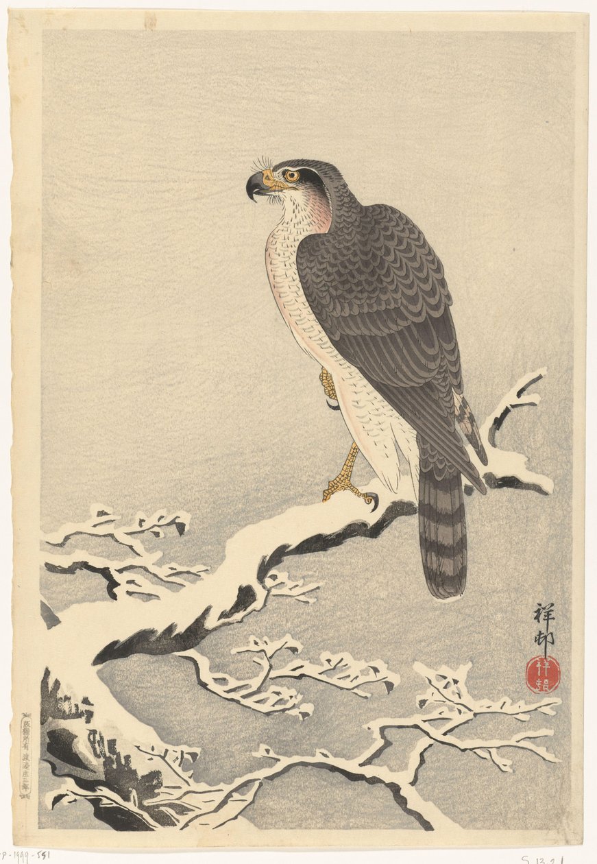 Hawk a fenyőfa havas ágán alkotó: Ohara Koson