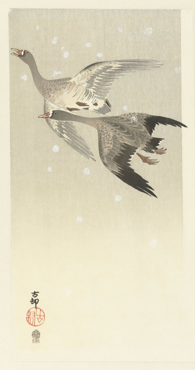 Fehérhomlokú libák repülnek a hóban alkotó: Ohara Koson