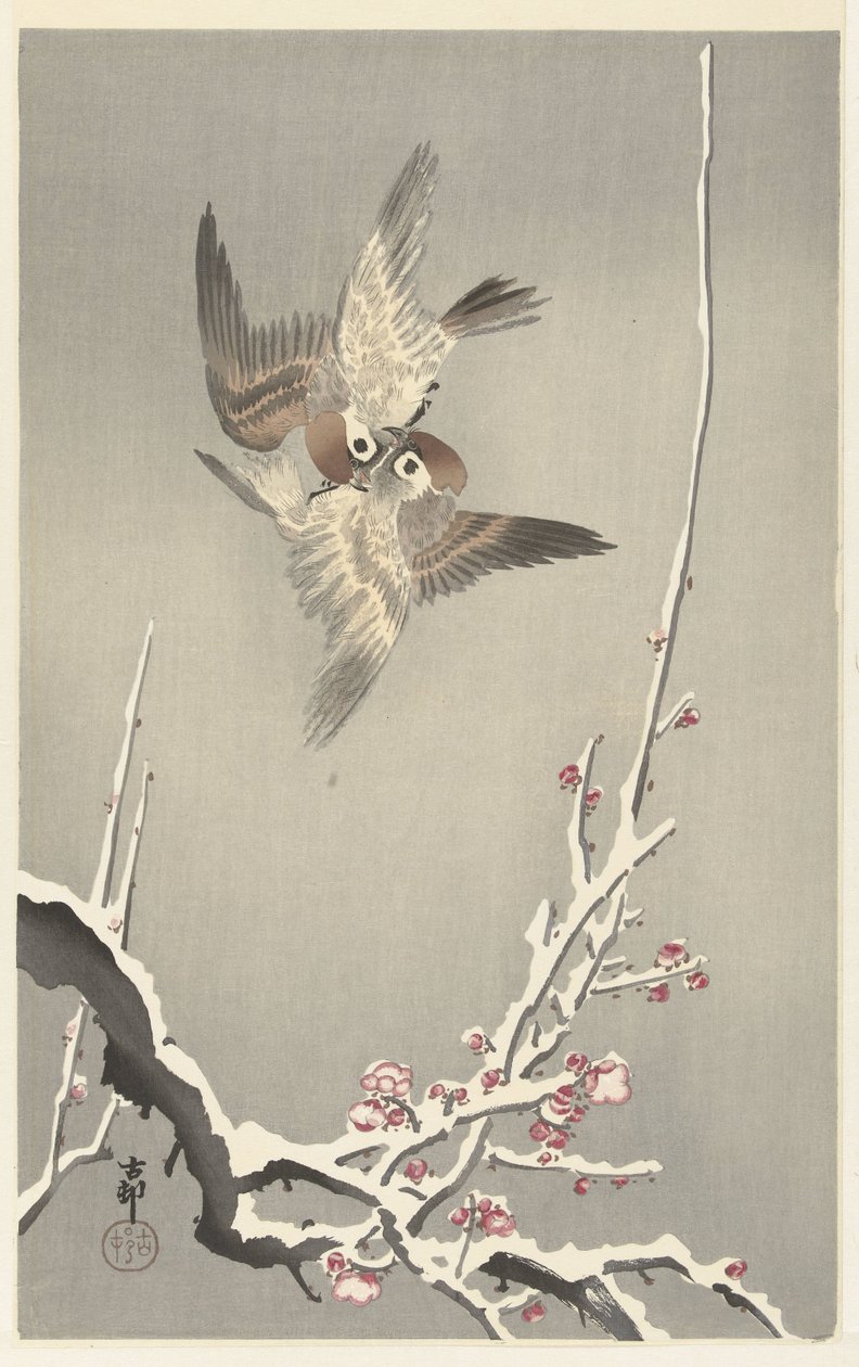 Verebek és havas szilvafa alkotó: Ohara Koson