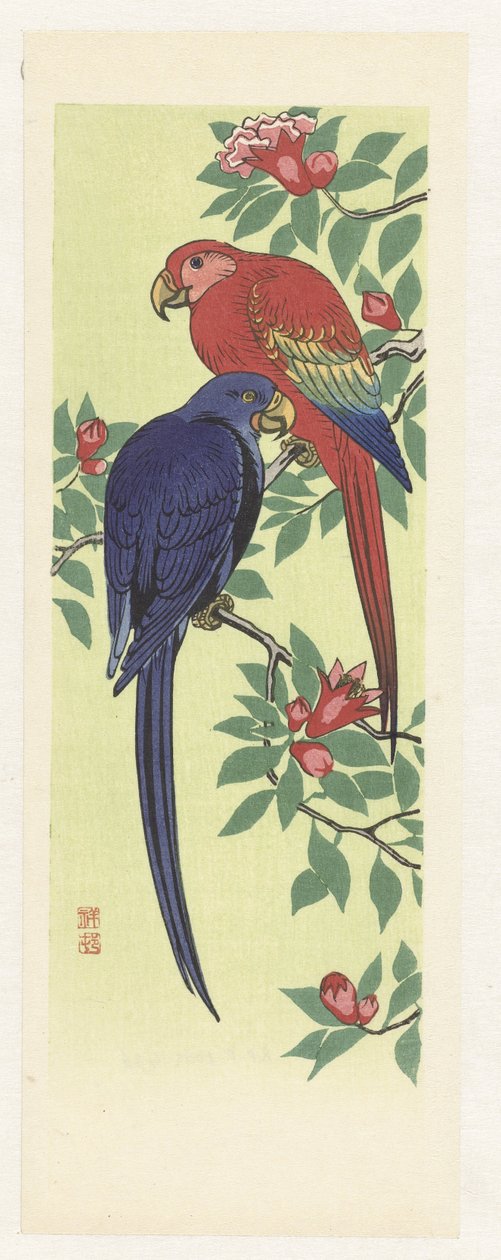 Piros és kék papagáj alkotó: Ohara Koson