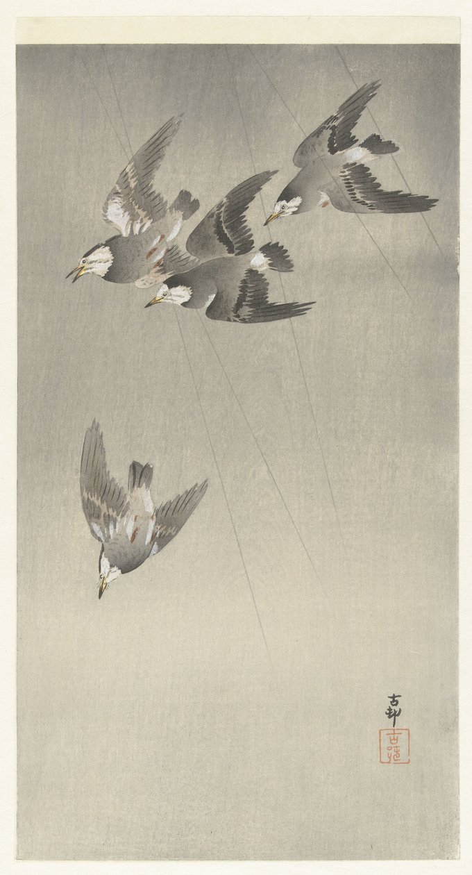 Seregély az esőben alkotó: Ohara Koson