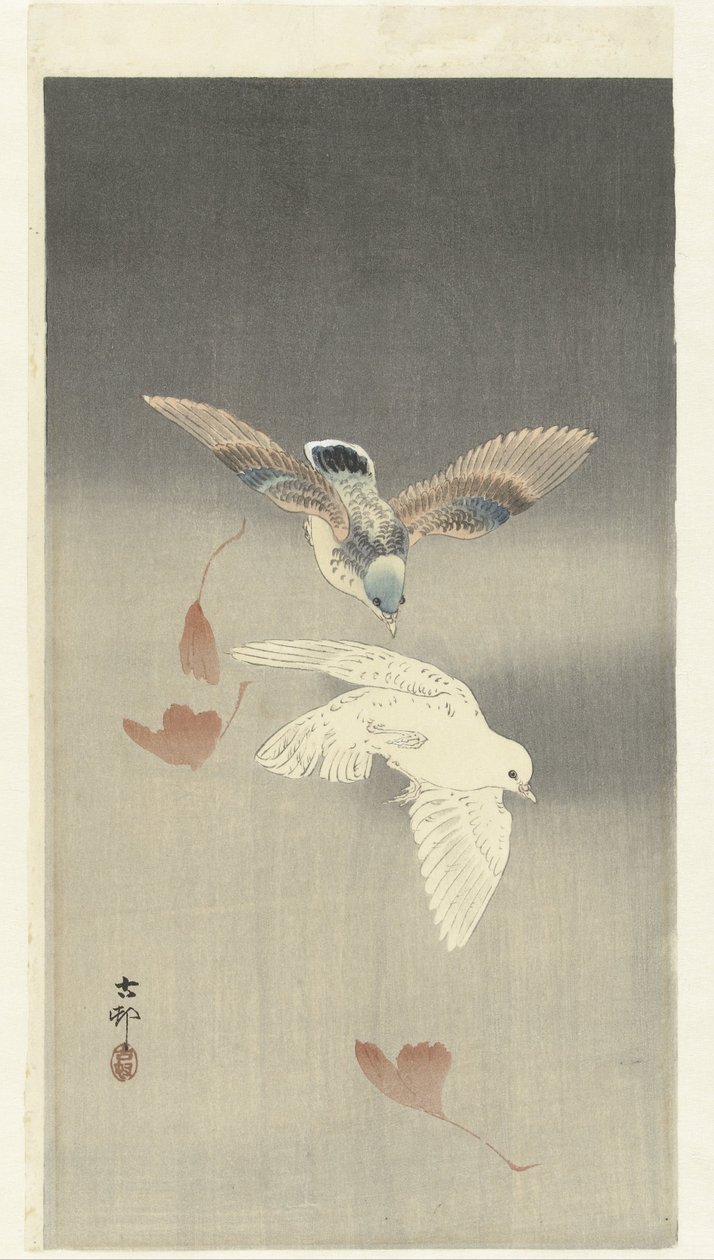 Két galamb hulló ginkgo levelekkel alkotó: Ohara Koson