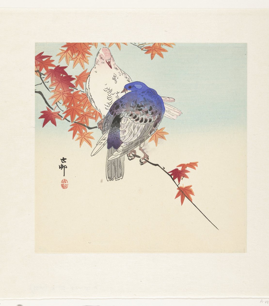 Két galamb őszi ágon alkotó: Ohara Koson