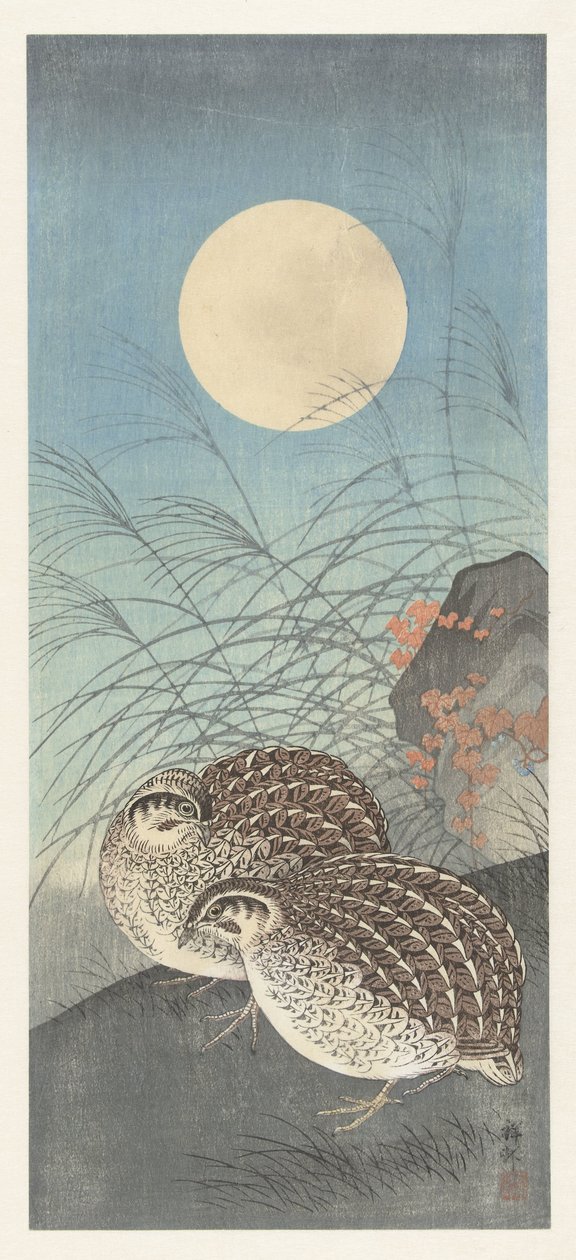 Két fürj teliholdkor. alkotó: Ohara Koson