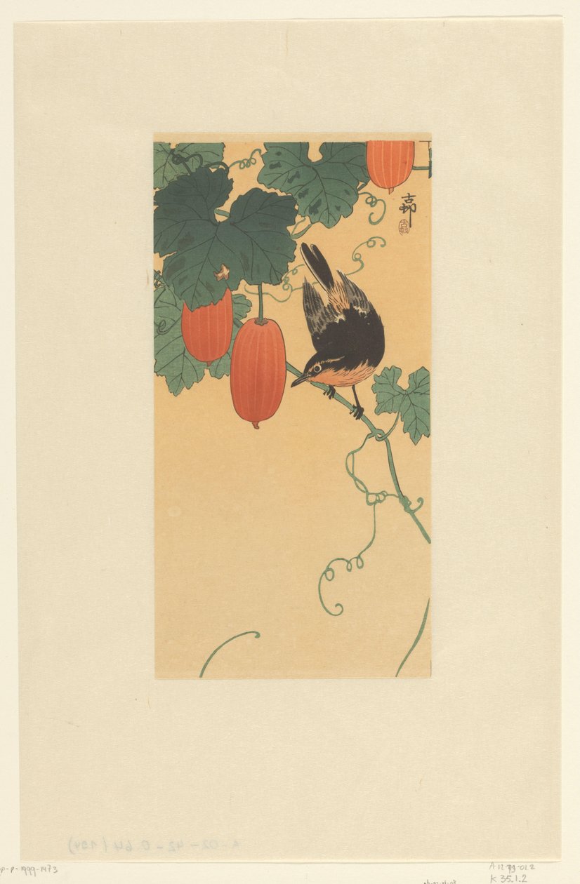 Songbird a növény, piros gyümölcsök alkotó: Ohara Koson