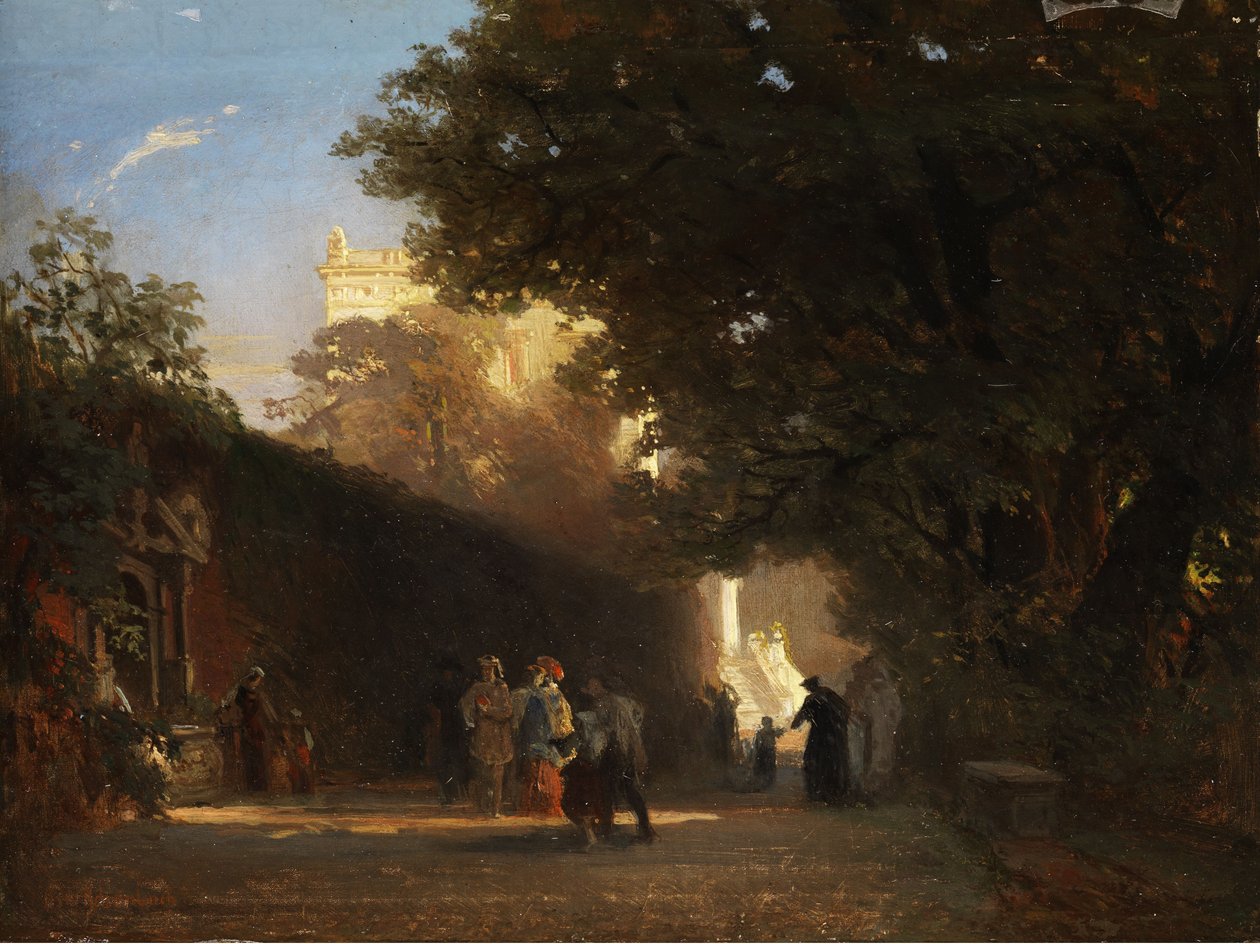 Olasz villa és park nemes társasággal és papokkal alkotó: Oswald Achenbach