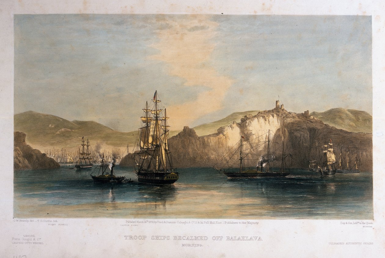 Csapathajók elszálltak Balaklaváról, Reggel, T.G. metszet. Dutton, kiadó: Colnaghi und Co., 1855 alkotó: Oswald Walters Brierly