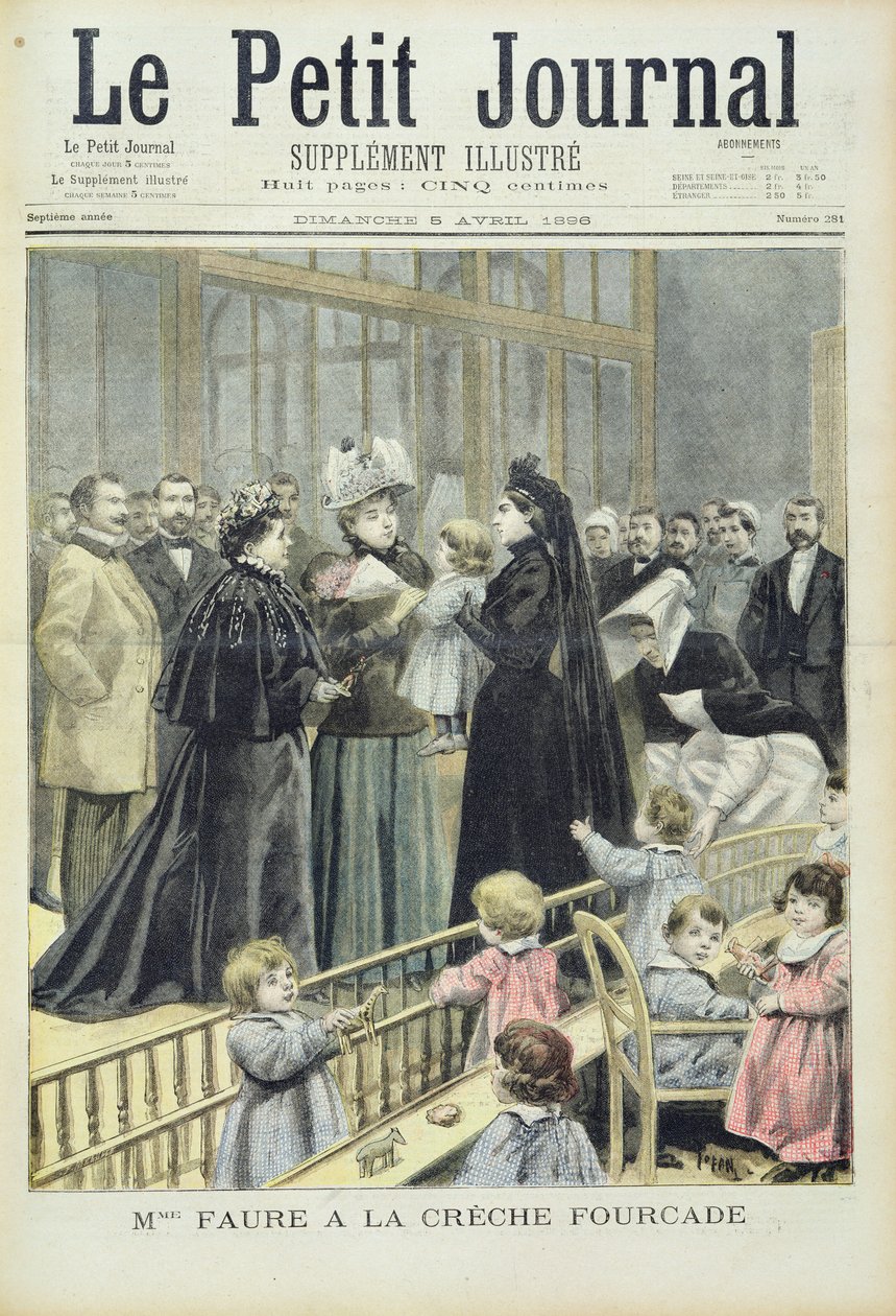 Madame Faure a Fourcade bölcsődében, a „Le Petit Journal”-ból, 1896. április 5. alkotó: Oswaldo Tofani