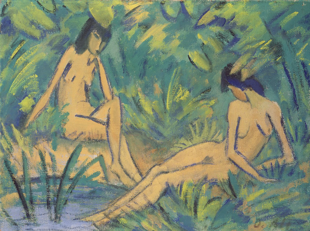 Lányok ülnek a víz mellett, 1920 körül (tempera hessian) alkotó: Otto Mueller