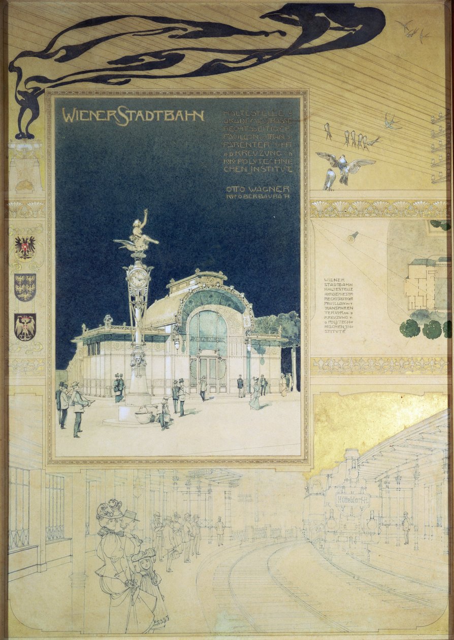A bécsi földalatti vasút Stadtbahn pavilonja, a külsejét és a vasúti peronra néző rajz, 1894-97 körül (színes ceruza) alkotó: Otto Wagner