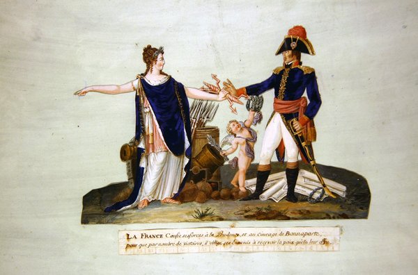 Franciaország Prudence-re és Bonaparte bátorságára bízza erőit. 1800 körül (gouache) alkotó: P. A. and J.B. Lesueur