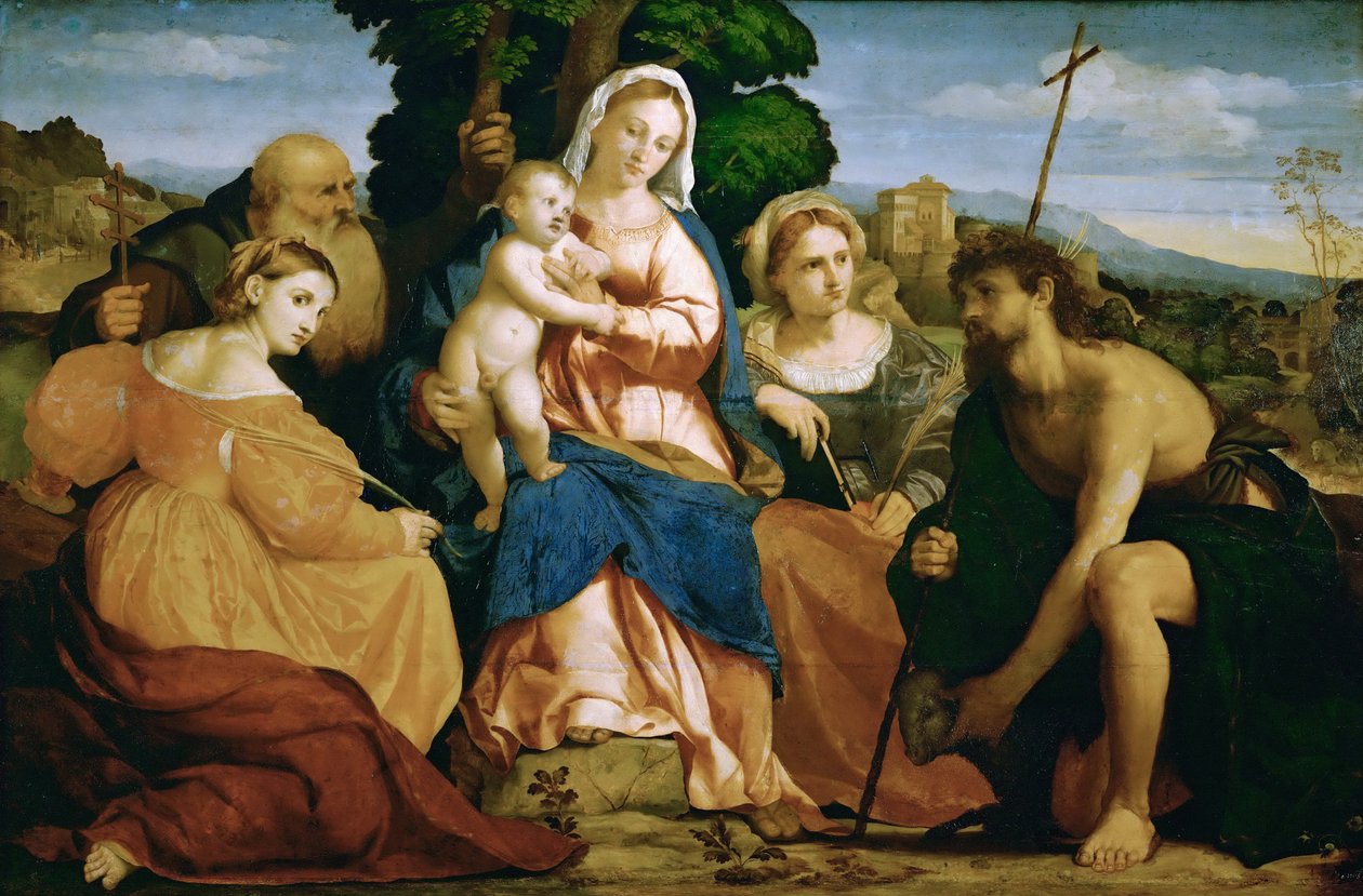 Mária a gyermekkel és a szentek Katharina és Coelestin (balra) és Johannes d. Baptista és Barbara (jobbra) alkotó: Palma il Vecchio
